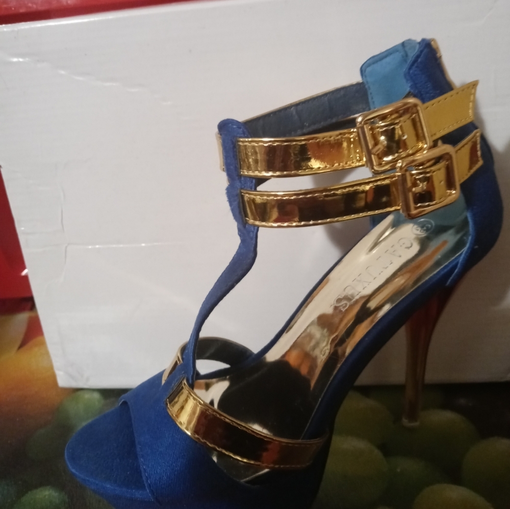 Blue Suede with Red/Gold Heel with Gold Straps and Back Zipper